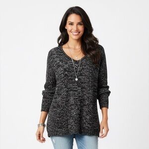 Knit Set | Women's Black and Grey Knit Sweater with Two Front Pockets V-Neck
